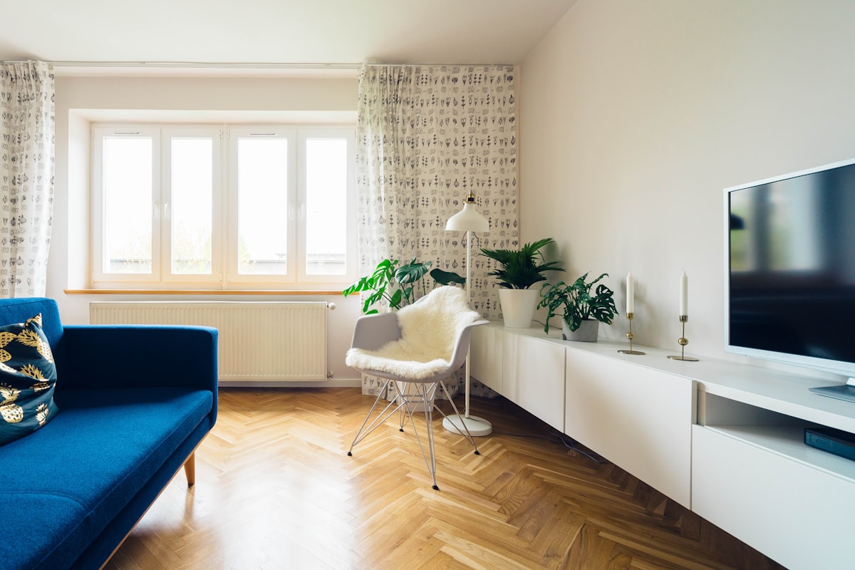 Bright apartment living area with sofa and windows